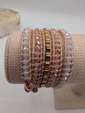 Victoria Emerson Blush Pink & White Beaded Gold Accent Leather Wrap Bracelet